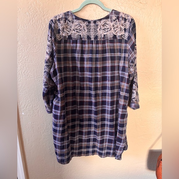 3J workshop blue plaid roses embroidered tunic XL - Picture 3 of 4